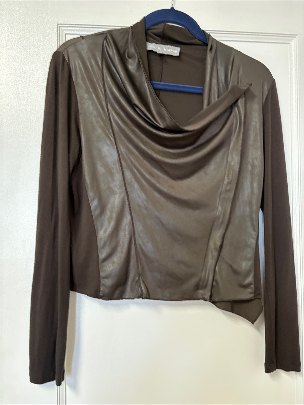 Brown Draped Soft Faux-Leather Front Women’s Zip up shirt